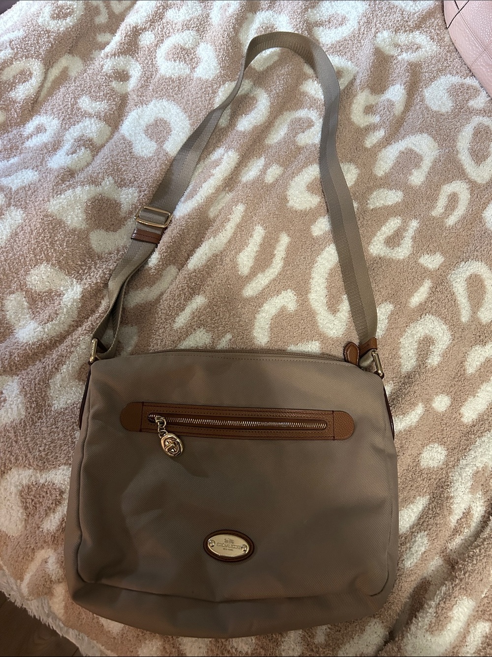 Coach Taupe Crossbody with Brown Leather Trim and Gold Hardware